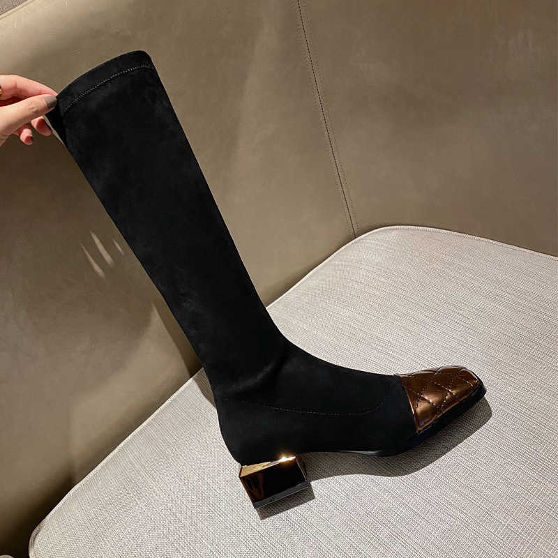 CMM Autumn and Winter Elastic Boots Square Toe High Top Fashion Boots Womens Mid Heel Patchwork Knee Boots Thick Heel Long Boots for Women