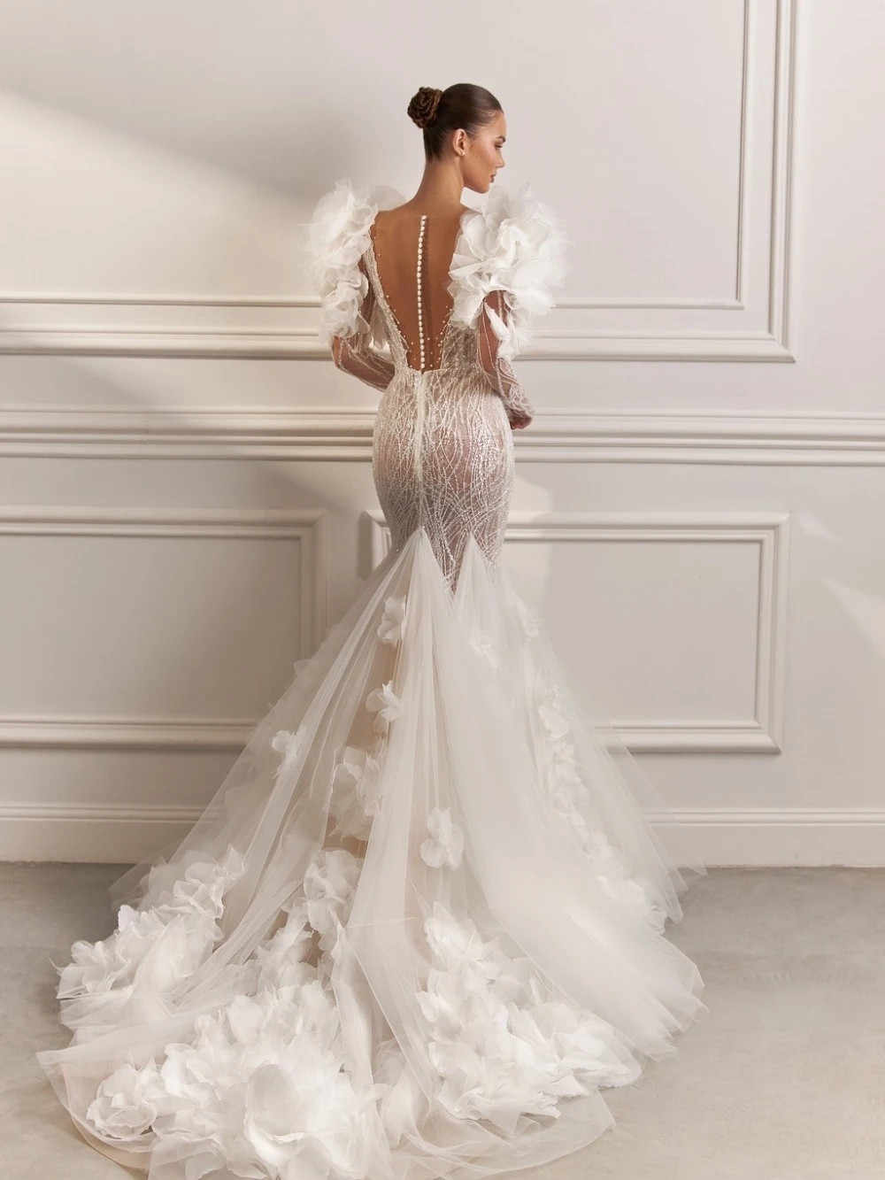 Ful Pearls Wedding Dresses Sequins Deep V Neck Bride Gown Ruffle Train Bridal Dress Illsuion Long Sleeves Custom Made Vestidos De Novia 0218