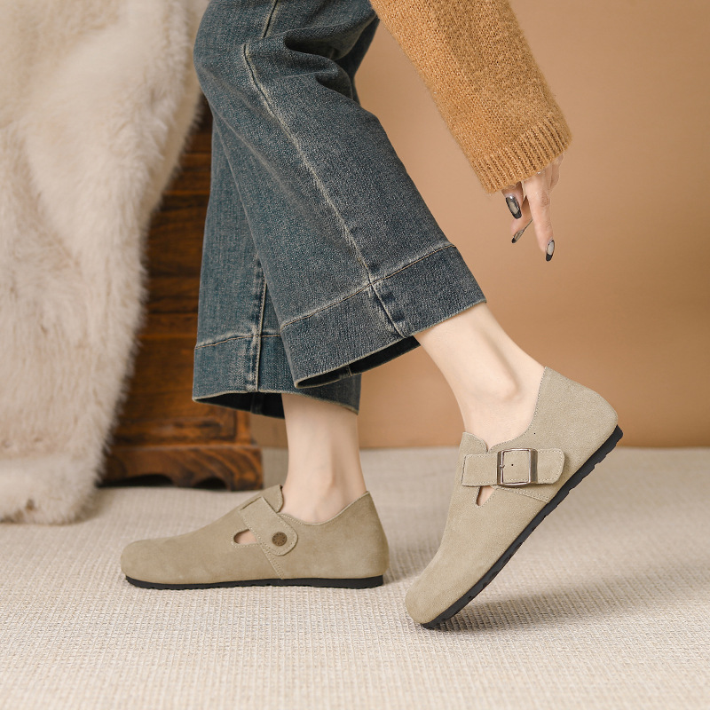 Real leather cowhide velvet warm single new autumn and winter soft sole flat bottom with increased height Boken shoes women's scoop style