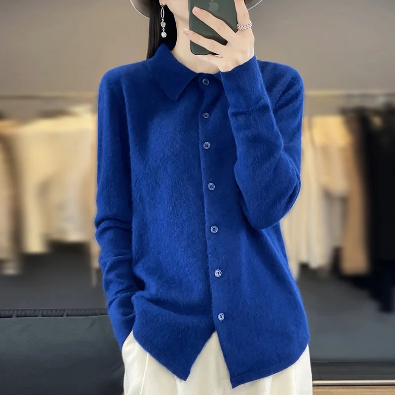 100% Mink Cashmere POLO Collar Womens Sweater Cardigan Solid Color Thick warm Cardigan Sweater For Women Autumn/Winter 241029
