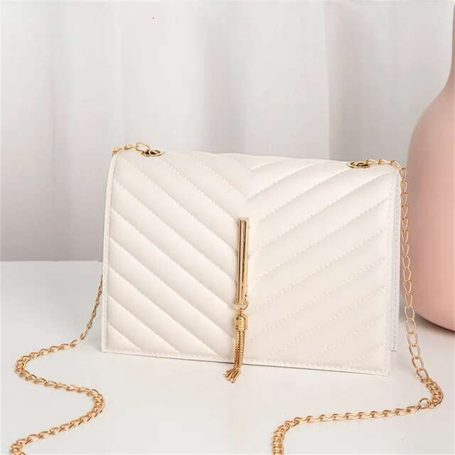 Fashion Tassel Flap Crossbody Bags V Pattern Mini Chain Shoulder for Women Pu Leather White/Black Casual Travel Square Bag