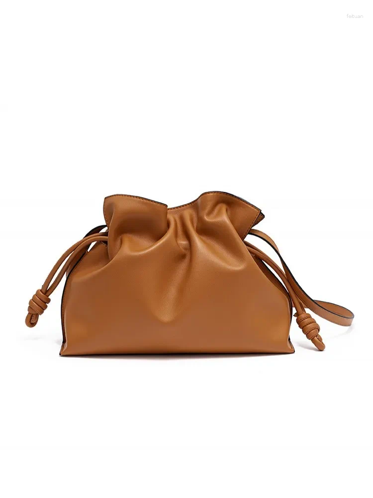 Drawstring Women Casual Large Capacity Bucket Bag Ruffles String Cow Split Leather Shoulder Female Strap Shopping Crossbody Bags Brown 23f1 4