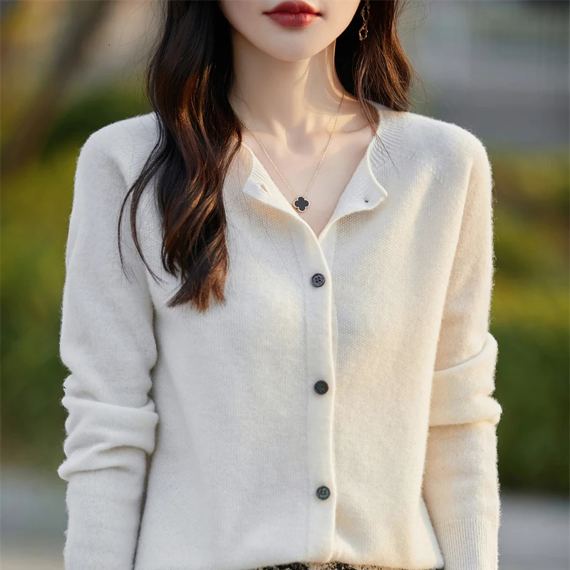 Women 100% Merino Wool Sweater O-neck Long Sleeve Basic Grace Cardigan Spring Autumn Office Lady Clothes Fashion Tops 241029