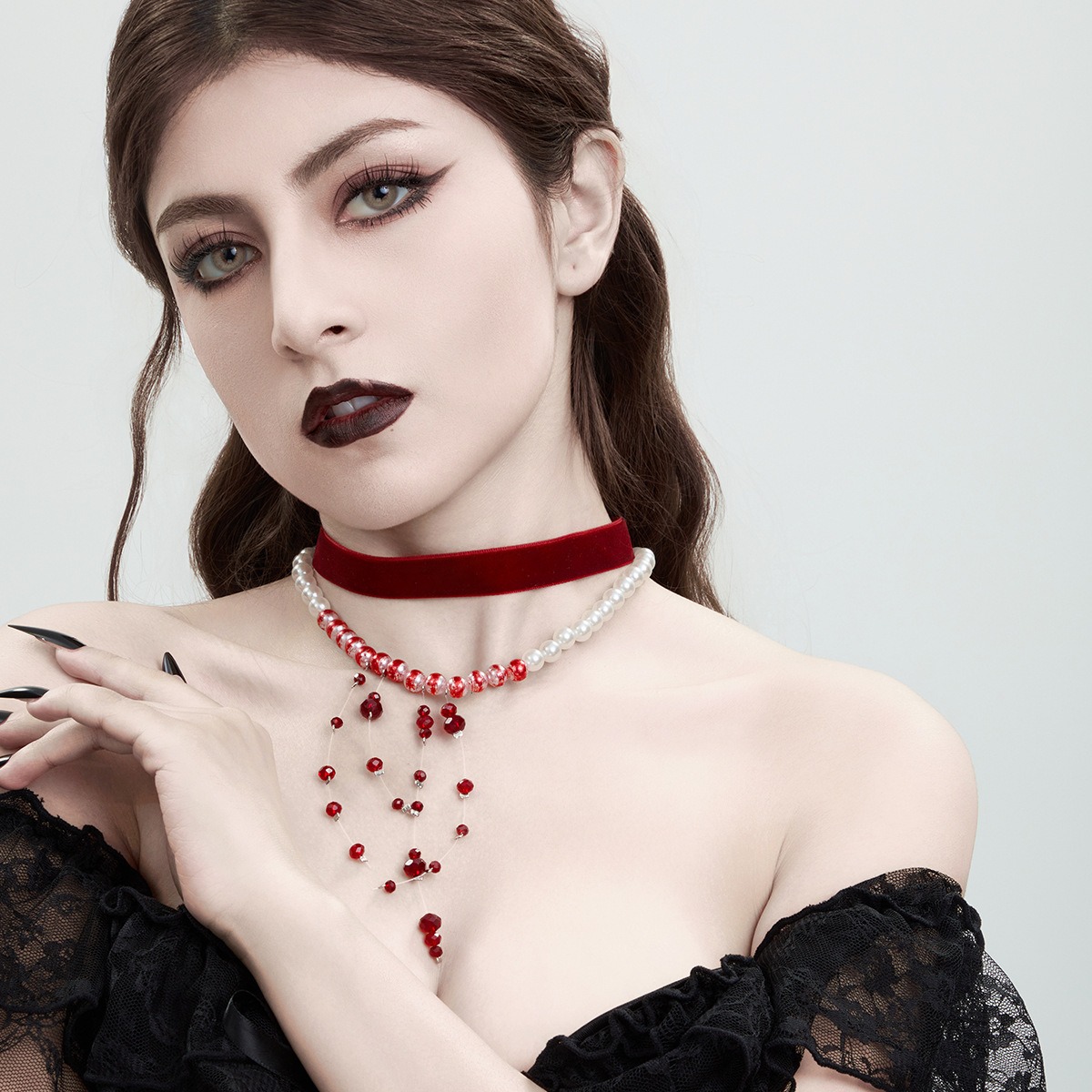 European and American Cross-border Jewelry Gothic Style Pearl Necklace Choker Halloween Blood Drop Tassel Crystal Collarbone Chain