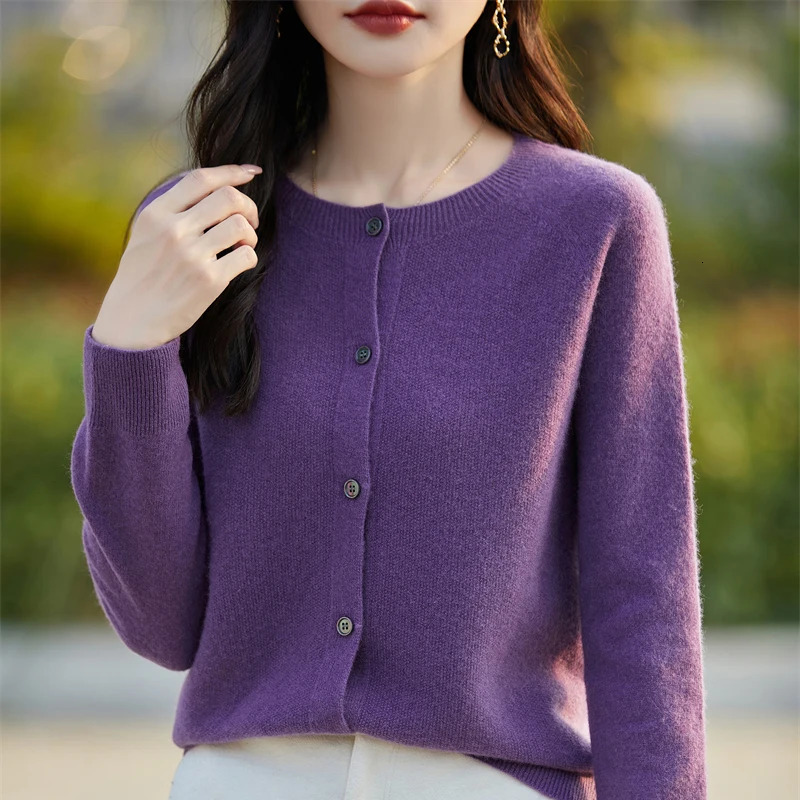 Women 100% Merino Wool Sweater O-neck Long Sleeve Basic Grace Cardigan Spring Autumn Office Lady Clothes Fashion Tops 241029