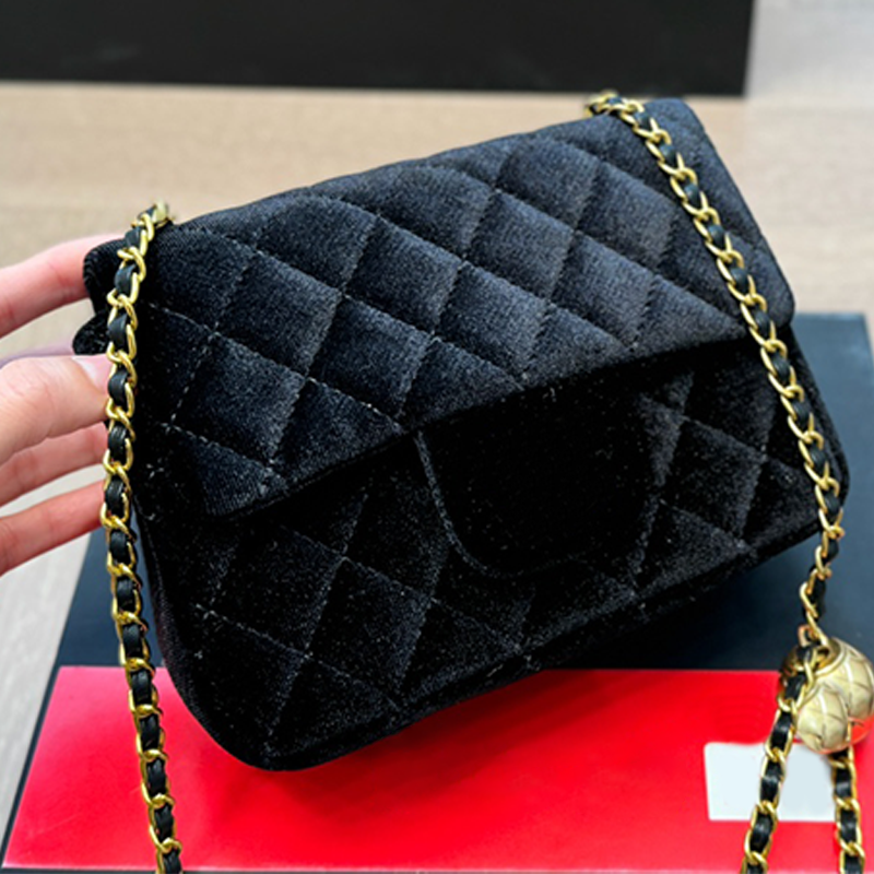 Retro velvet bag fashion golden ball chain small square bag classic diamond-patterned commuter bag luxury designer bag single-shoulder bag practical crossbody bag