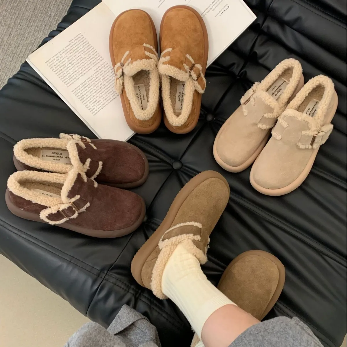 Designer Solid Winter Warm Plush Snow Boots Women Loafers Flat-Bottomed Retro Boken Shoes Ladies Mules Casual Korean Flats