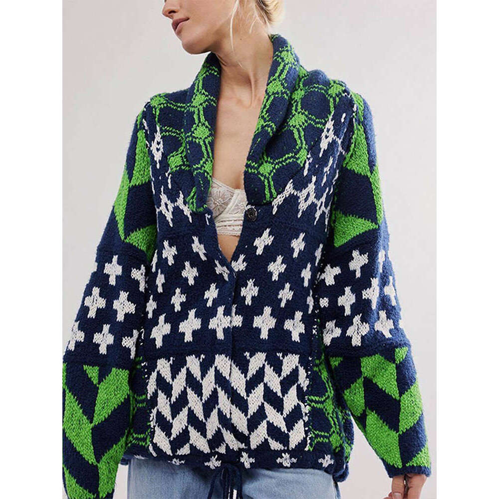 Women Print Knit Sweater Vintage Loose V-Neck Long Sleeve Cardigan Female Single-Breasted Jacket 2024 Autumn New Lady Outwears