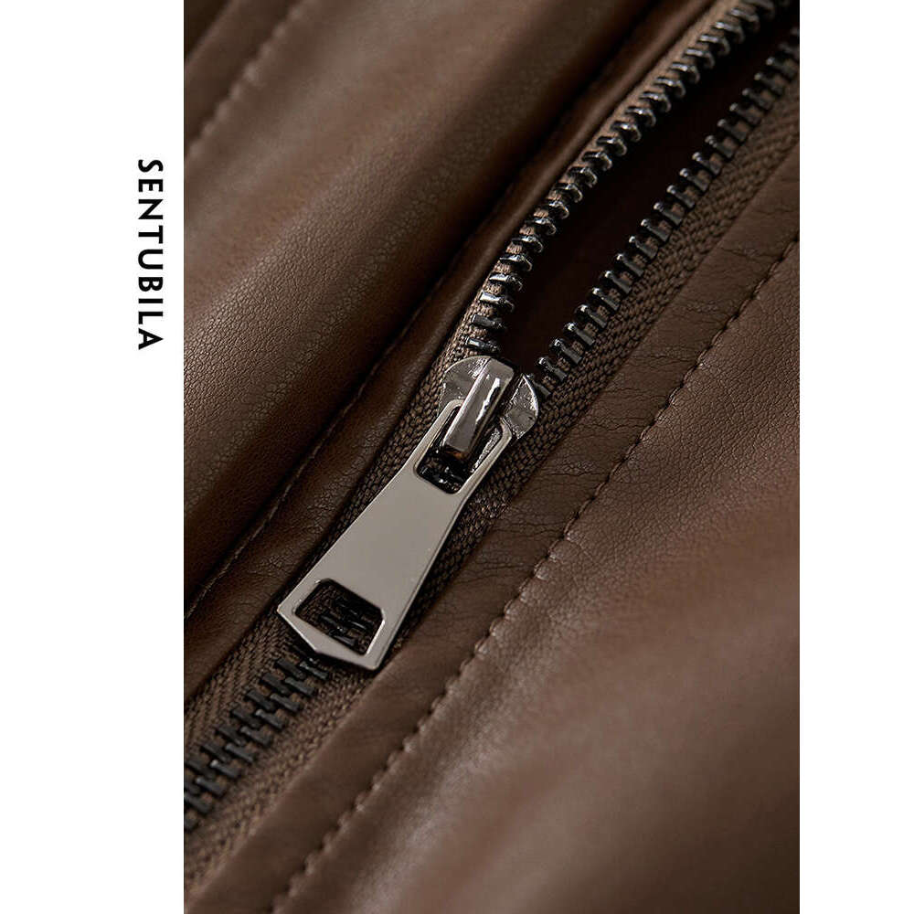 Pu Leather Cropped Bomber Jacket Women Female Short Outerwear 2024 Spring Coffee Lapel Full-Zip Solid Jackets W41g527