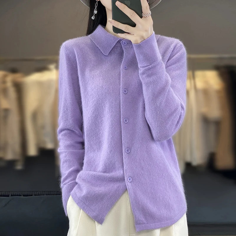 100% Mink Cashmere POLO Collar Womens Sweater Cardigan Solid Color Thick warm Cardigan Sweater For Women Autumn/Winter 241029