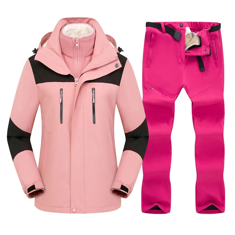 Womens Skiwear Winter Warm Skiing Hoodie Set Windproof and Waterproof 3in1 Jacket Pants Ski Board Snow Clothing 241008