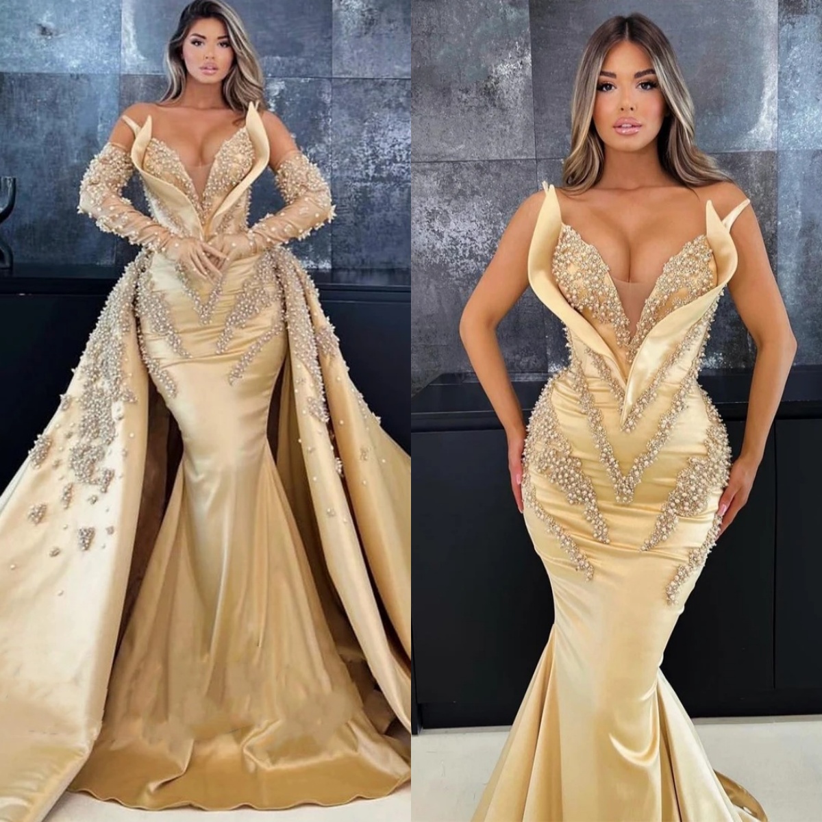 Pearls Evening Beading Strapless Prom Gowns With Detachable Train Sleeveless Party Dresses Custom Made Vestidos De Noche 0220
