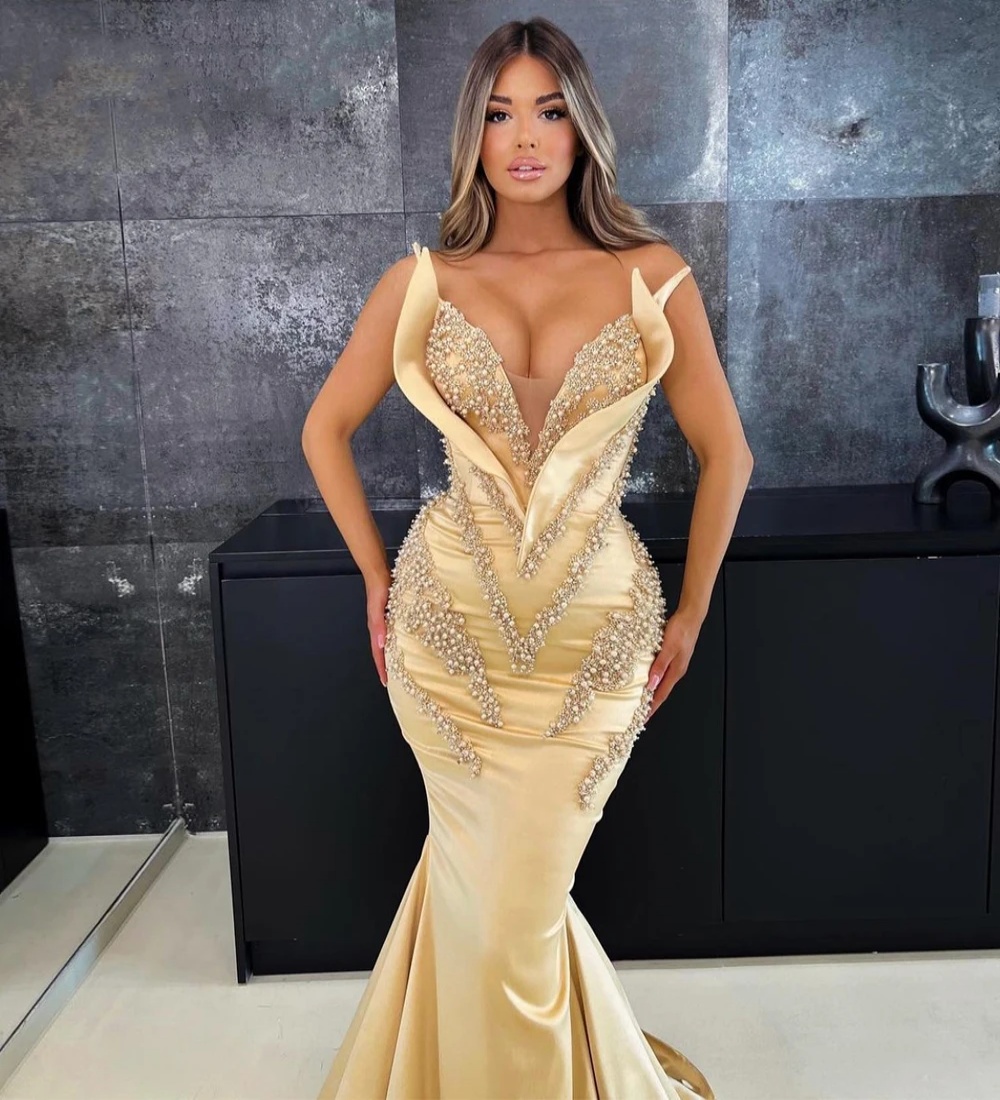 Pearls Evening Beading Strapless Prom Gowns With Detachable Train Sleeveless Party Dresses Custom Made Vestidos De Noche 0220