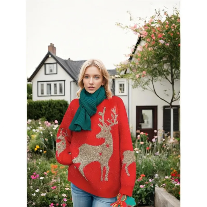 Autumn/Winter Loose Thread Snowflake Christmas Sweater Round Neck Long Sleeve Years Womens Zipper Shirt 241025