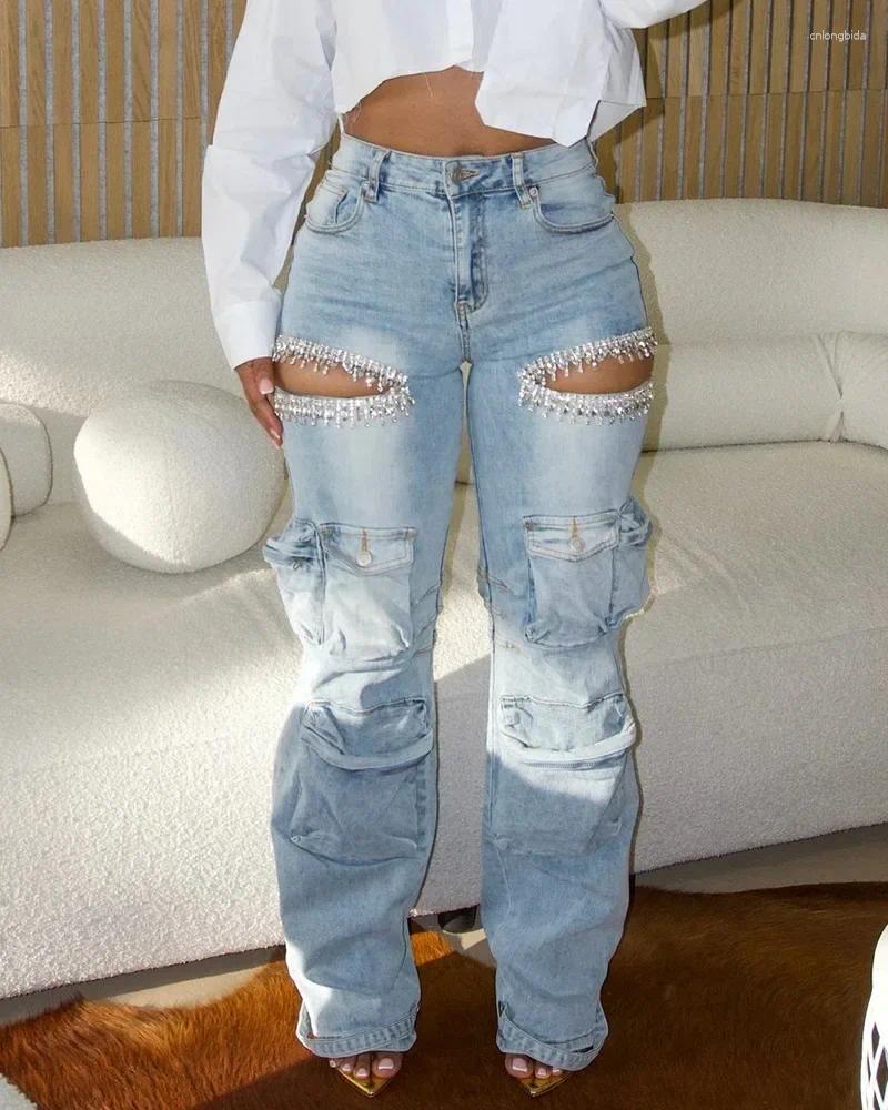 CNLONGBIDA Women's Jeans Women Cutout Diamonds Crystal Hollow Out Straight Denim Pants 2024 Fall Multi Pocket High Waist Wide Leg Trousers