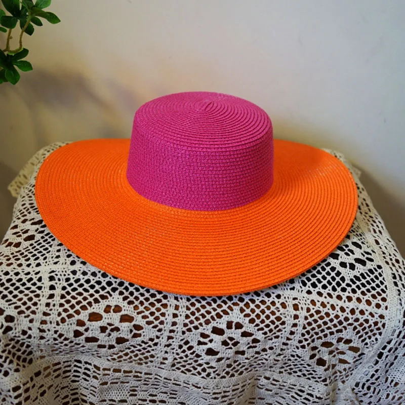 Wide Brim Pink Orange Patchwork Straw Hats Flat Top Boater Hat Ladies Church Wedding Party Hat Derby Vocation Beach Hat 241029