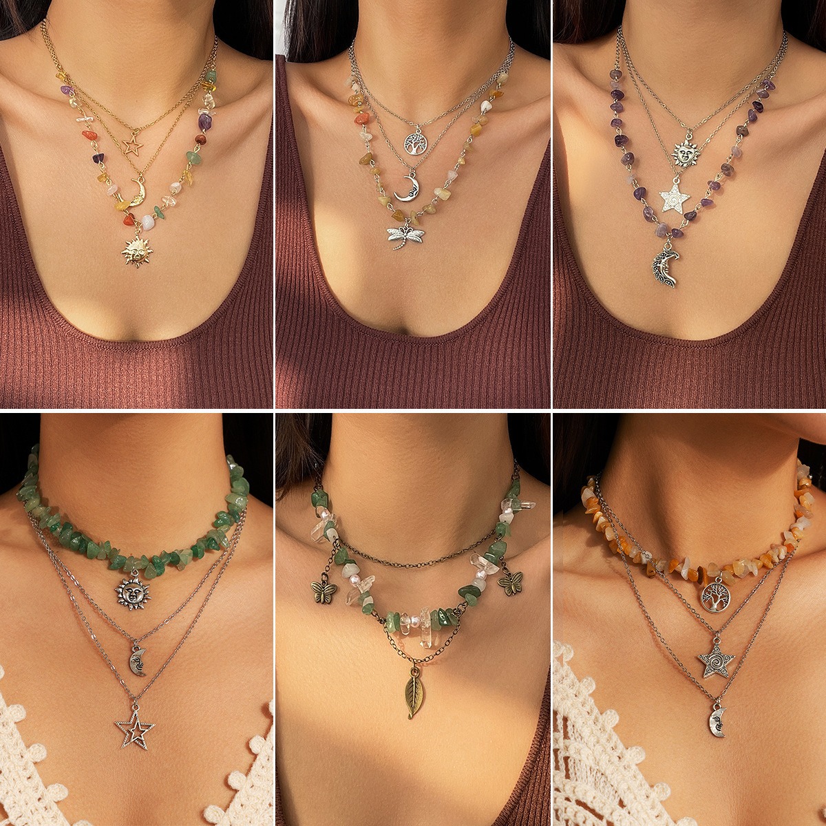 European and American Cross-border Jewelry New Chinese Retro Moon Zircon Necklace Mint Wave Style Green Leaf Sweet and Cool Layered Necklace