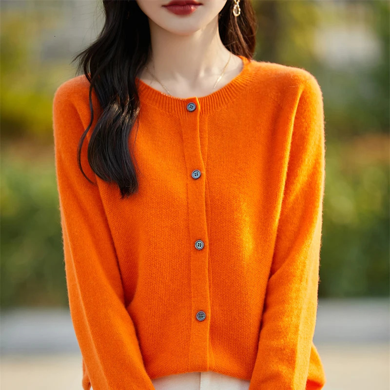 Women 100% Merino Wool Sweater O-neck Long Sleeve Basic Grace Cardigan Spring Autumn Office Lady Clothes Fashion Tops 241029