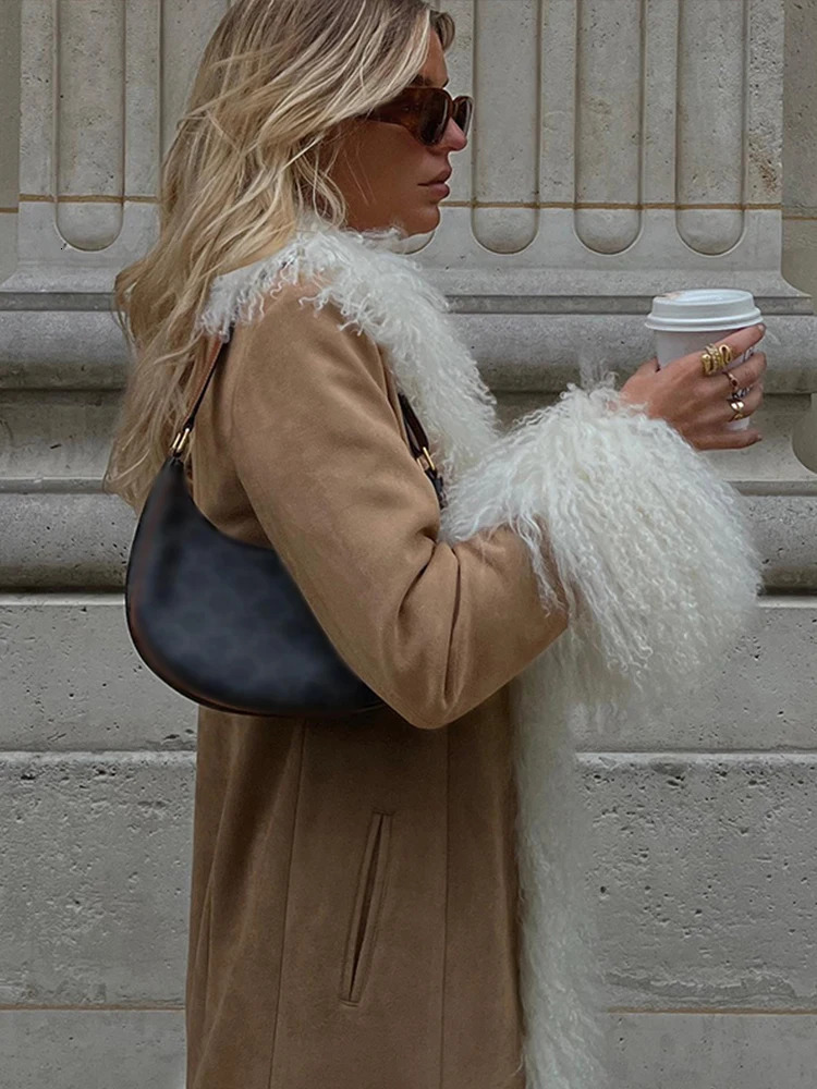 Ruffle velvet long coat for womens autumn thick coat womens open seam pocket fashionable casual coat 241025