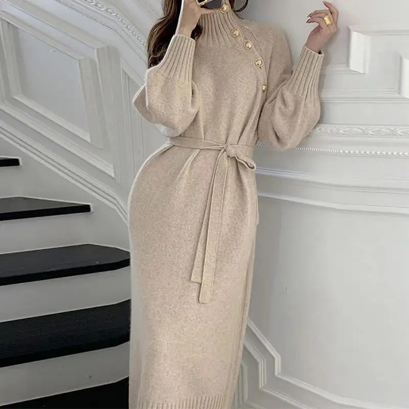 Autumn and winter pullover style French temperament paired sweater inside long over the knee bottom knit dress women 241029