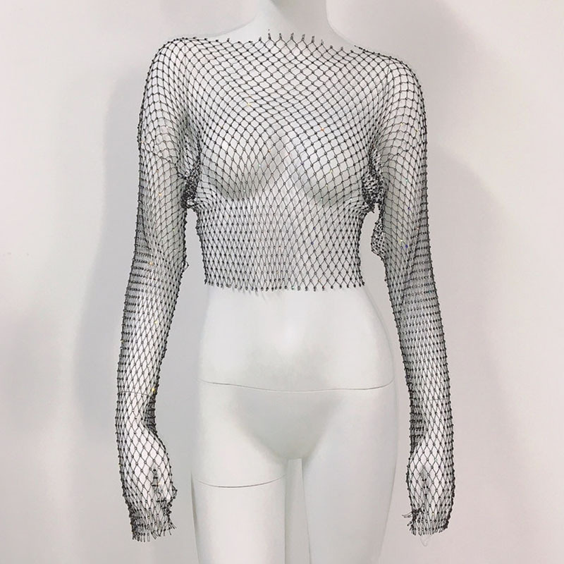Designer Fashion Women's Round Neck Long Sleeve T-shirt Top Female Sexy Water Diamond Fishing Net Hoodie Interior Bottom Shirt Summer