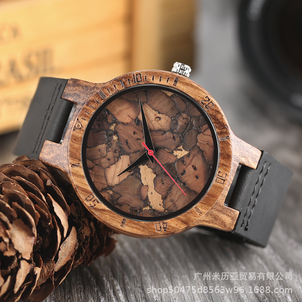 Wooden Watch Men's Unique Cork Slag/Broken Leaves Face Dial Clock Wood Quartz Clock Male Women Genuine Leather Band Wristwatches LY191213
