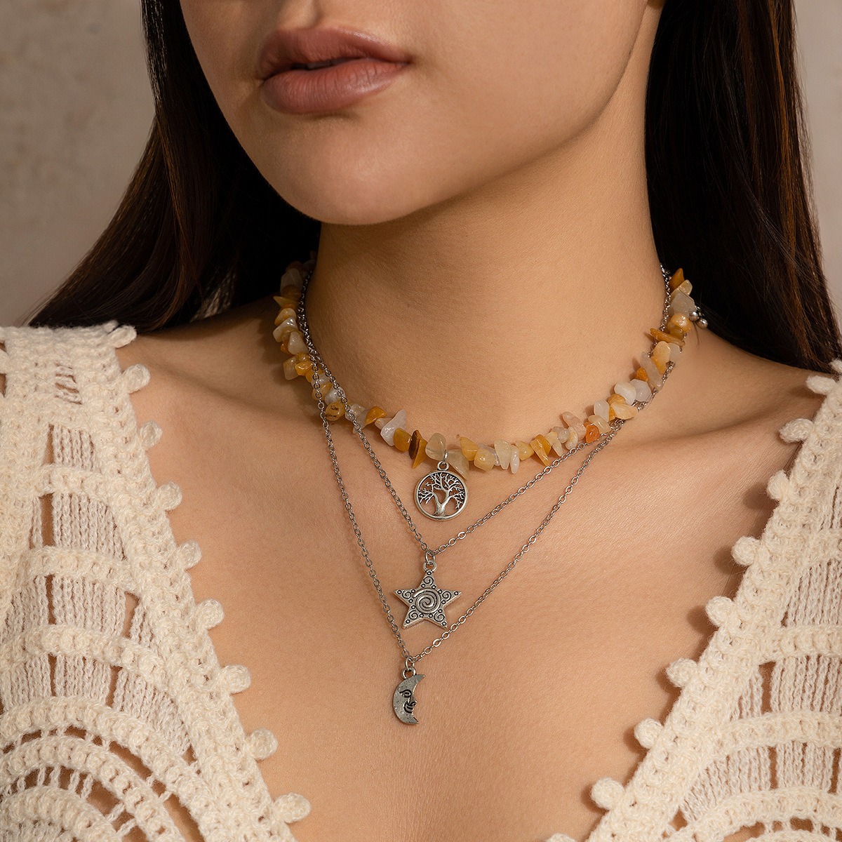 European and American Cross-border Jewelry New Chinese Retro Moon Zircon Necklace Mint Wave Style Green Leaf Sweet and Cool Layered Necklace