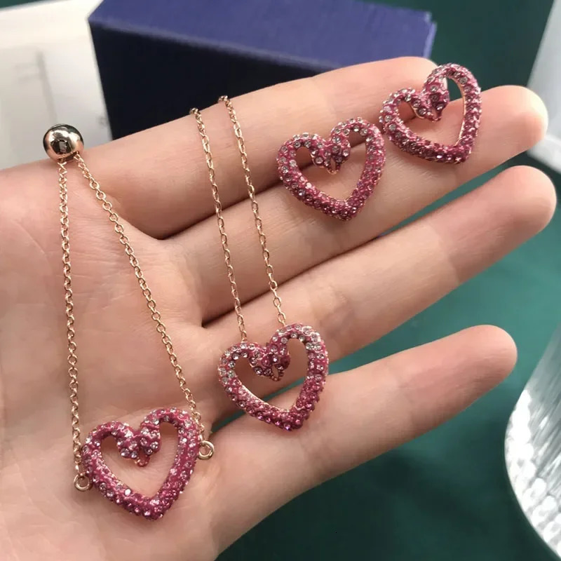 Original 2024 Romantic Party Gift Charming Pink Heart shaped Crystal Pearl Necklace Earrings for Womens High Jewelry Set 241030