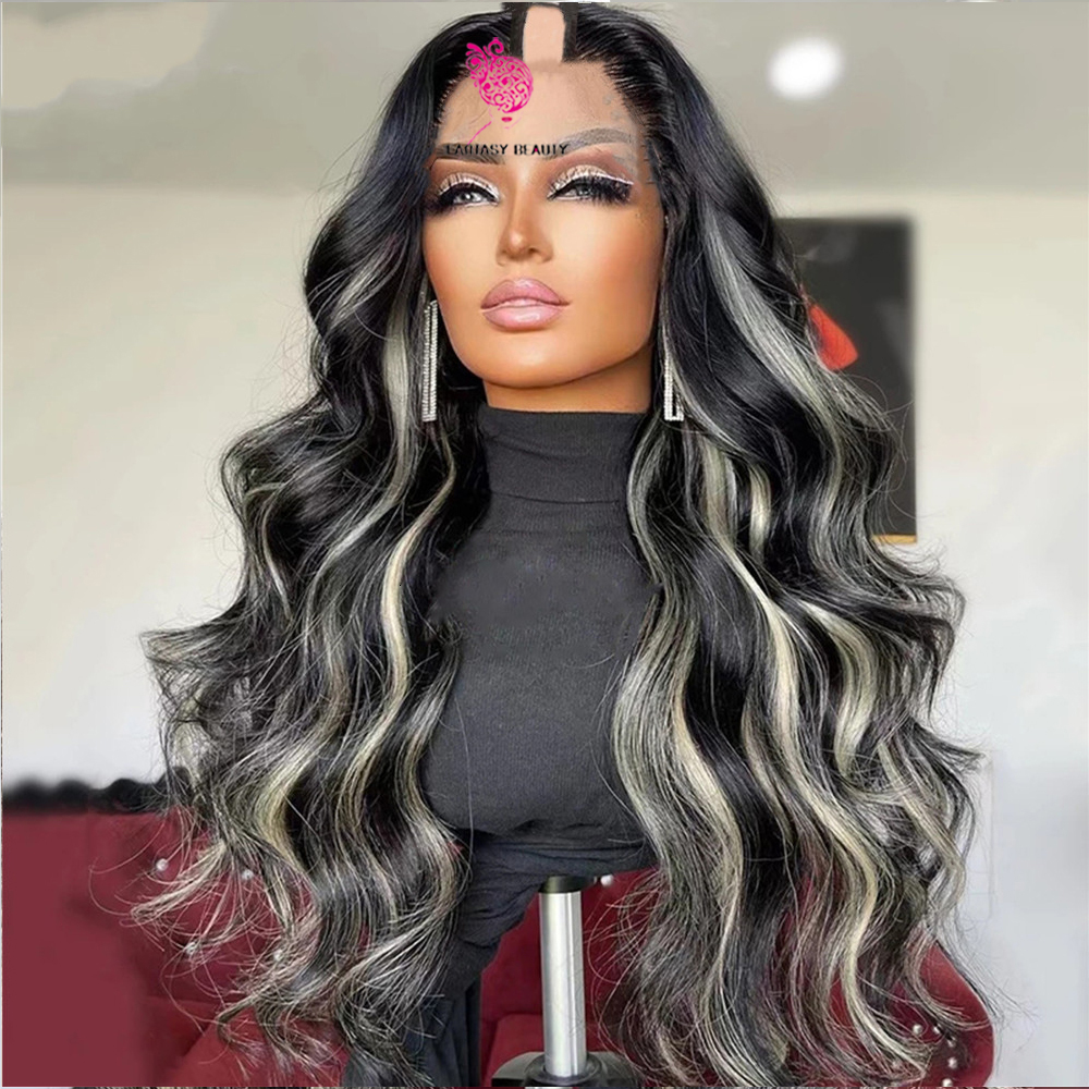 V Part Wig Body Wave Highlight Grey Glue No Leave Out Human Hair Gray and Black Ombre U part Wigs Beginner Friendly