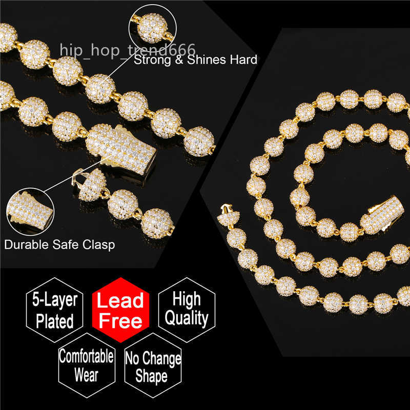 Hip Hop Mens Necklace Rapper Trendy 8mm Round Ball Chain Iced Out Bead Chain Link Necklace Jewelry