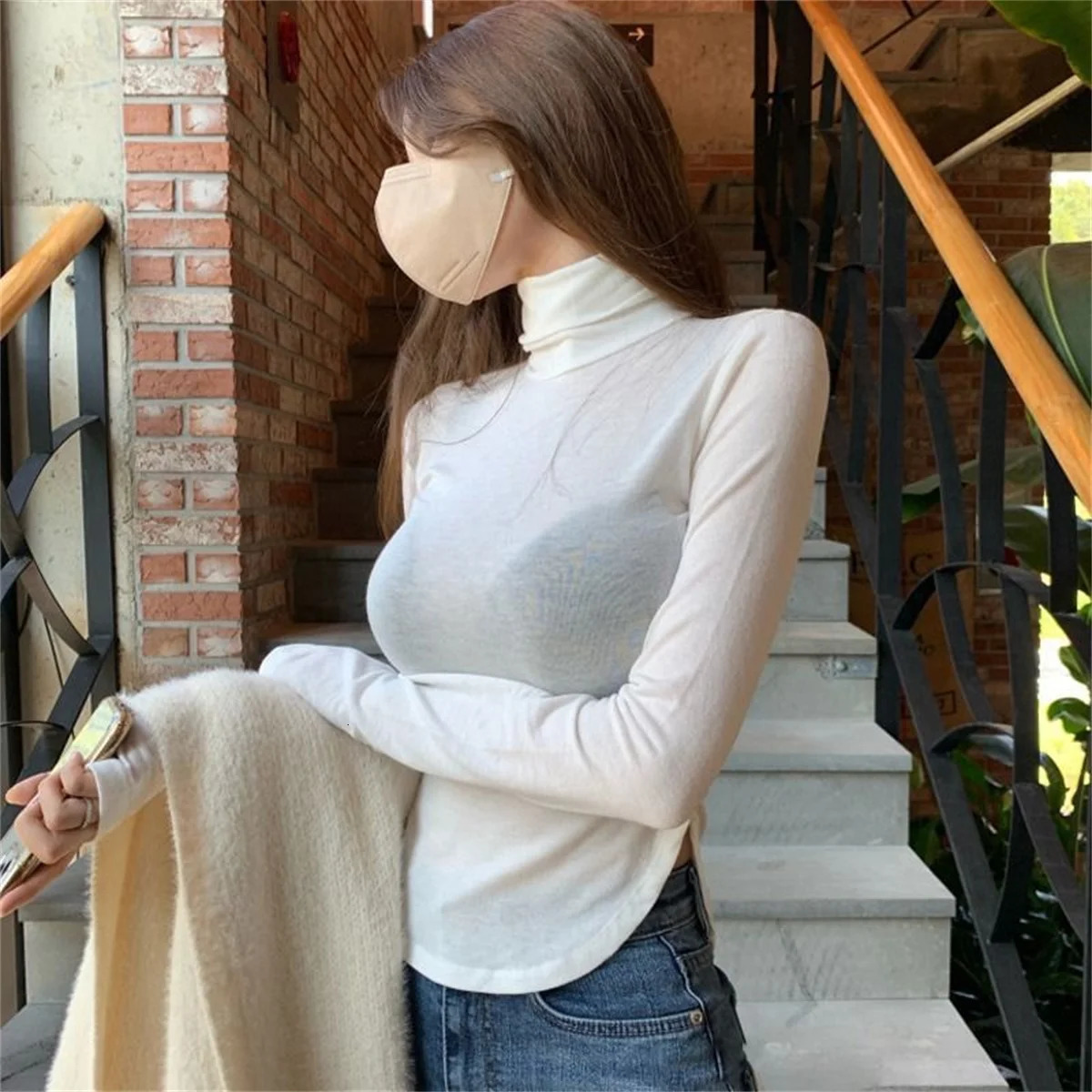 Sexy High Neck Long Sleeve Black Bodycon T-shirts Women Autumn Winter Fashion Shoulder Pads Hem Irregular Beige Pullovers 241029