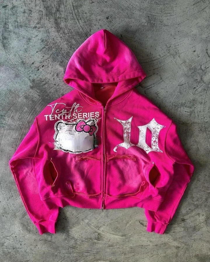 Zipper Hoodie Y2K Clothes Gothic Cartoon Embroidered Letters Pink Loose Hoodie Sweatshirt 2 Piece Sets Womens Outfits Streetwear 241029