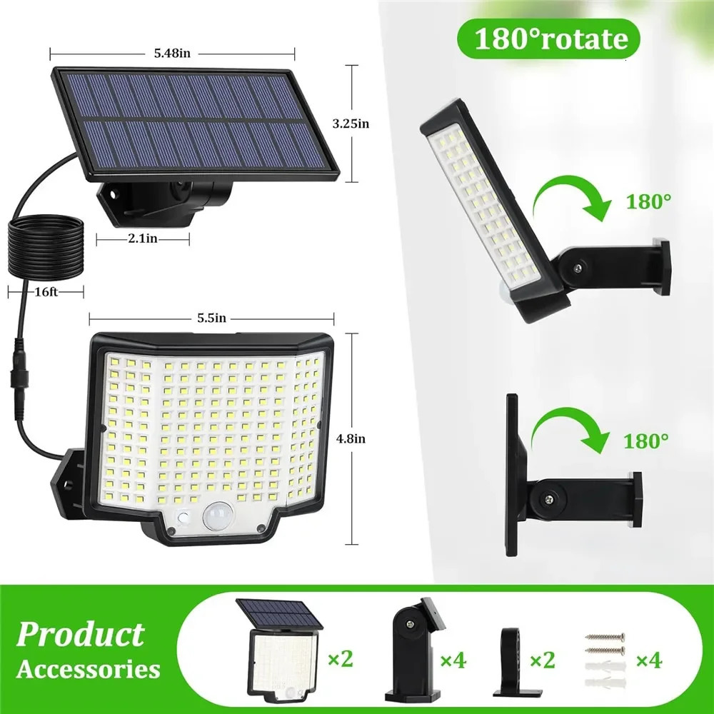 172LED Solar Light Outdoor Waterproof with Motion Sensor Floodlight Remote Control 3 Modes for Patio Garage Backyard 241028