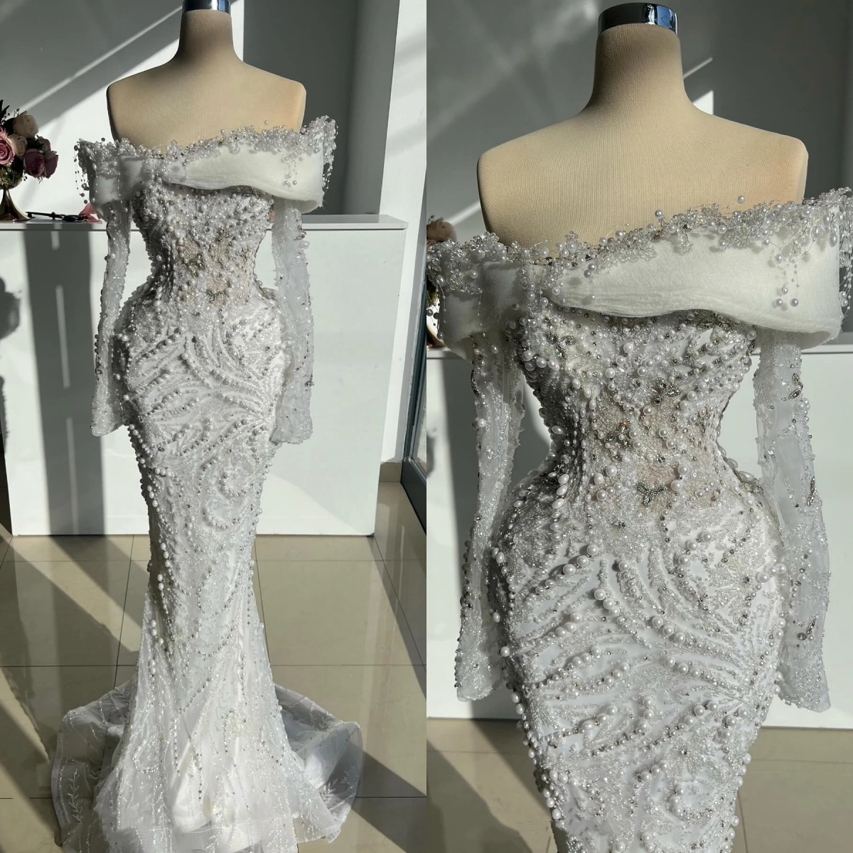 Elegant Pearls Wedding Dresses Beaded Bride Gown Off Shoulder Sequins Long Sleeve Dress Sweep Train Custom Made Vestidos De Novia 0219