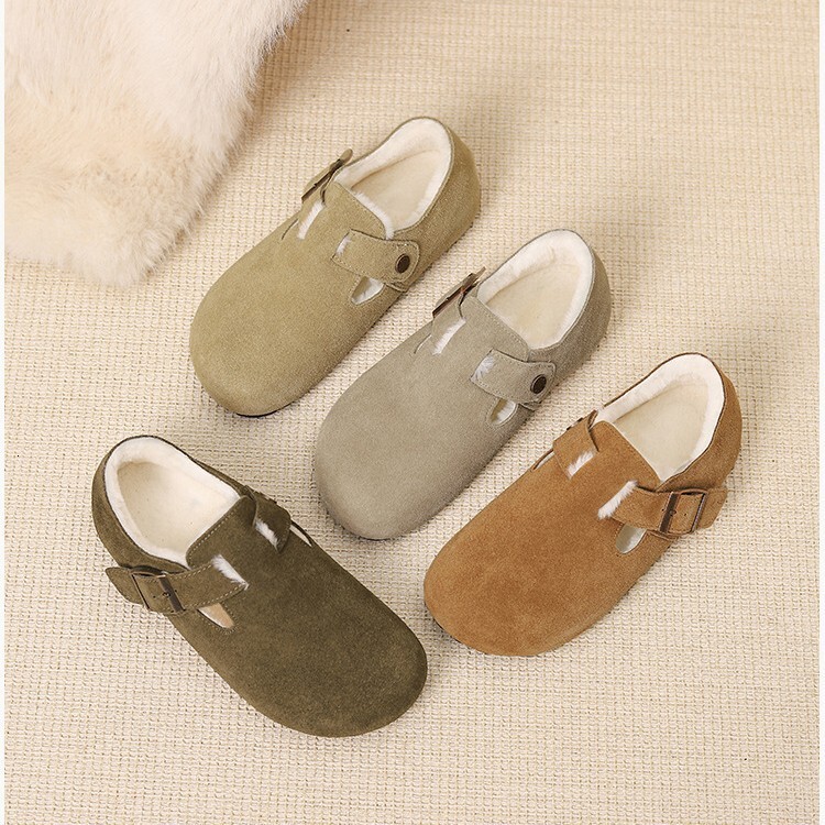 Real leather cowhide velvet warm single new autumn and winter soft sole flat bottom with increased height Boken shoes women's scoop style