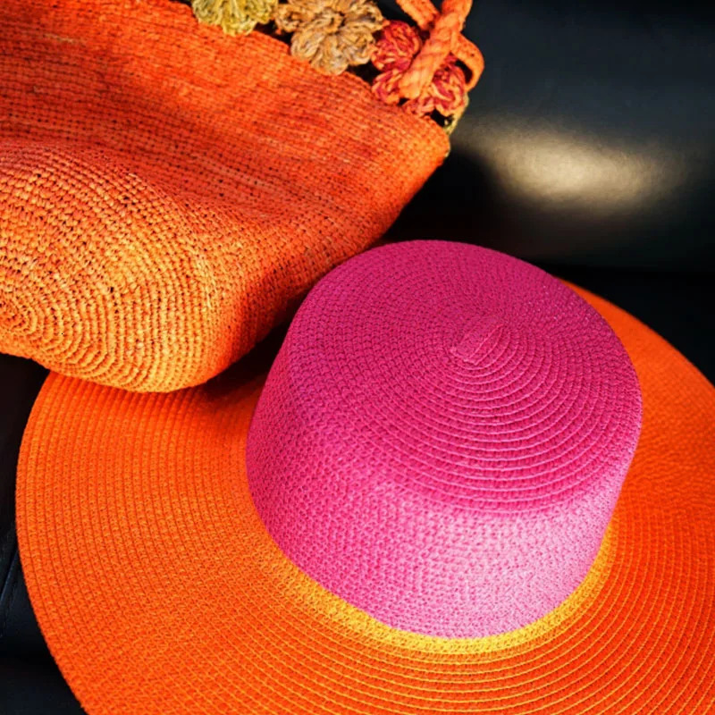 Wide Brim Pink Orange Patchwork Straw Hats Flat Top Boater Hat Ladies Church Wedding Party Hat Derby Vocation Beach Hat 241029