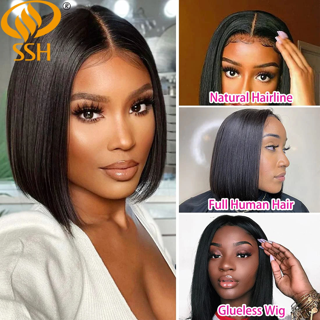 SSH Straight Short Bob Human Hair Wigs for Black Women Lace Part Brazilian Hair Wigs Remy Hair Middle Part Side For Brown Women 241029