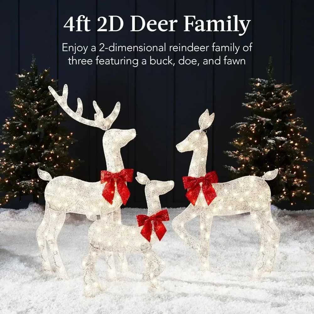 4-foot 3-piece Set of 2D Luminous Christmas Deer Outdoor Reindeer Decoration 175 LED Lights Wooden Stakes Zippers - WhiteXJ241026