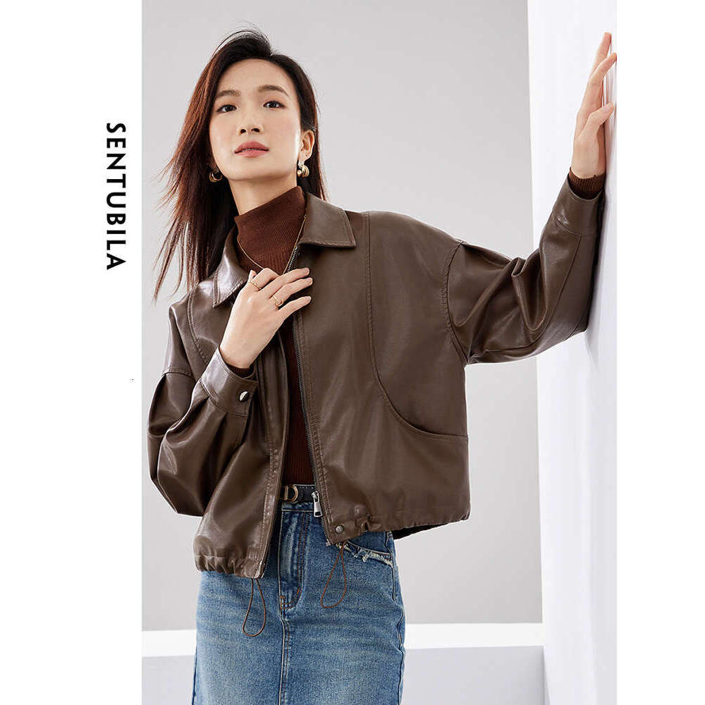 Pu Leather Cropped Bomber Jacket Women Female Short Outerwear 2024 Spring Coffee Lapel Full-Zip Solid Jackets W41g527