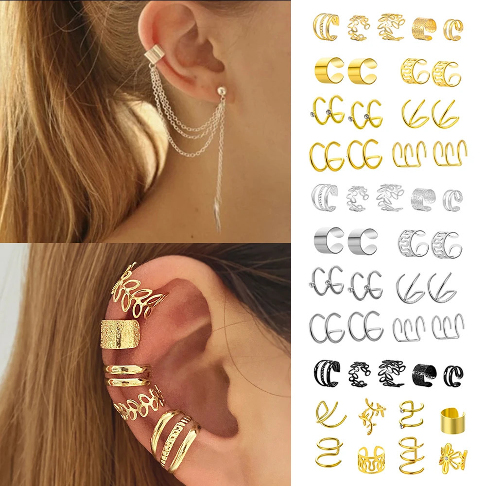 IFKM Gold Color Leaves Ear Cuff Black NonPiercing Clip Earrings for Women Men Cartilage Earring Jewelry Wholesale 241030