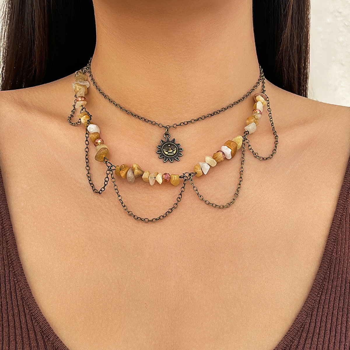European and American Cross-border Jewelry New Chinese Retro Moon Zircon Necklace Mint Wave Style Green Leaf Sweet and Cool Layered Necklace