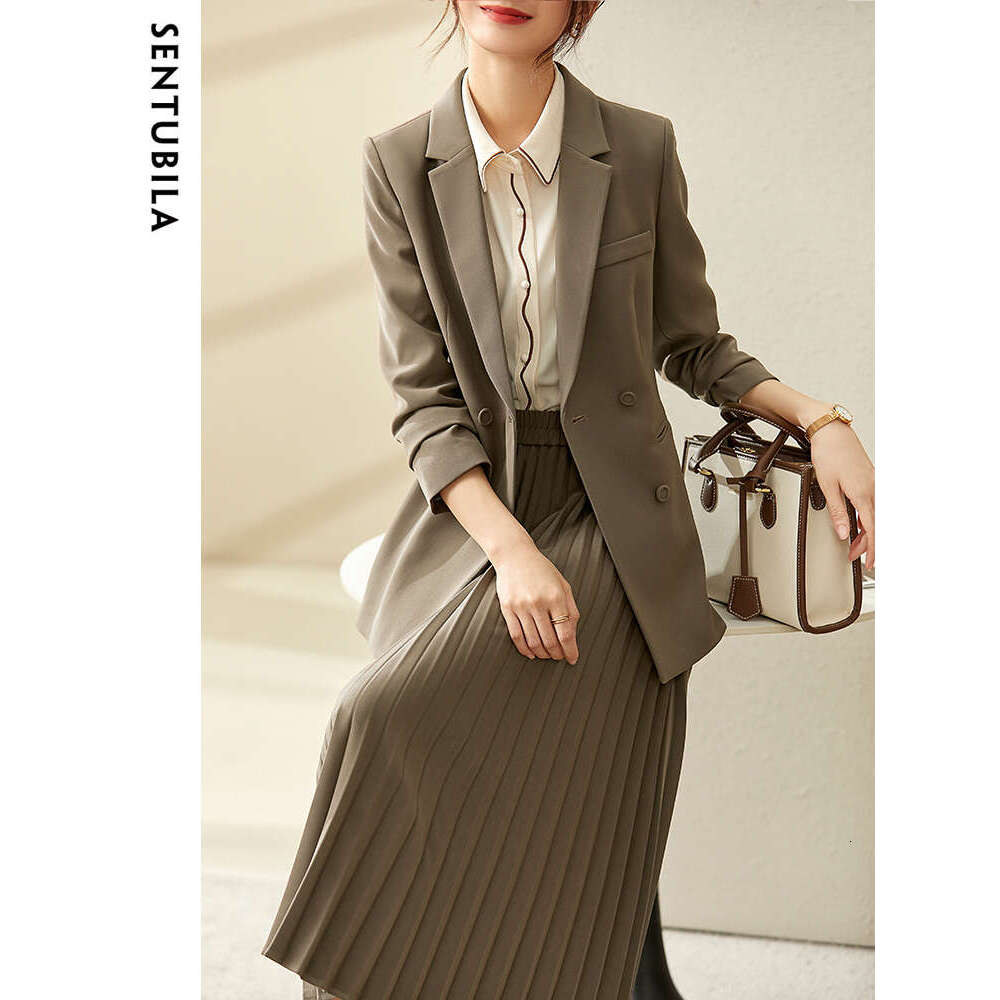 Elegant Blazer And Skirt Set For Women Spring Autumn Long Sleeve Suit Jacket Pleated Skirts 2 Pieces Sets 123Z43430