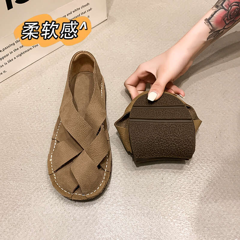 2024 leather Women's Sandals Top Layer Cowhide Handmade Woven Women casual Flats the retro art mori girl shoes