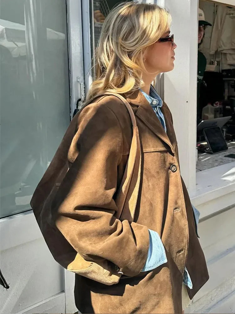 Casual Brown Lapel Pocket Suede Leather Jacket Fashion Woman Single Button Long Sleeve Crop Coat 2024 Lady Autumn Street Outwear 241029