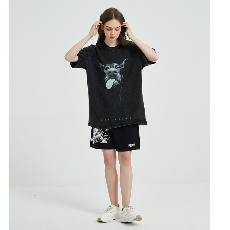 2023 Men Streetwear Hip Hop Oversized Funny Doberman Dog Graphic T Shirt Vintage Washed Black Tshirt Haruku Tee Cotton
