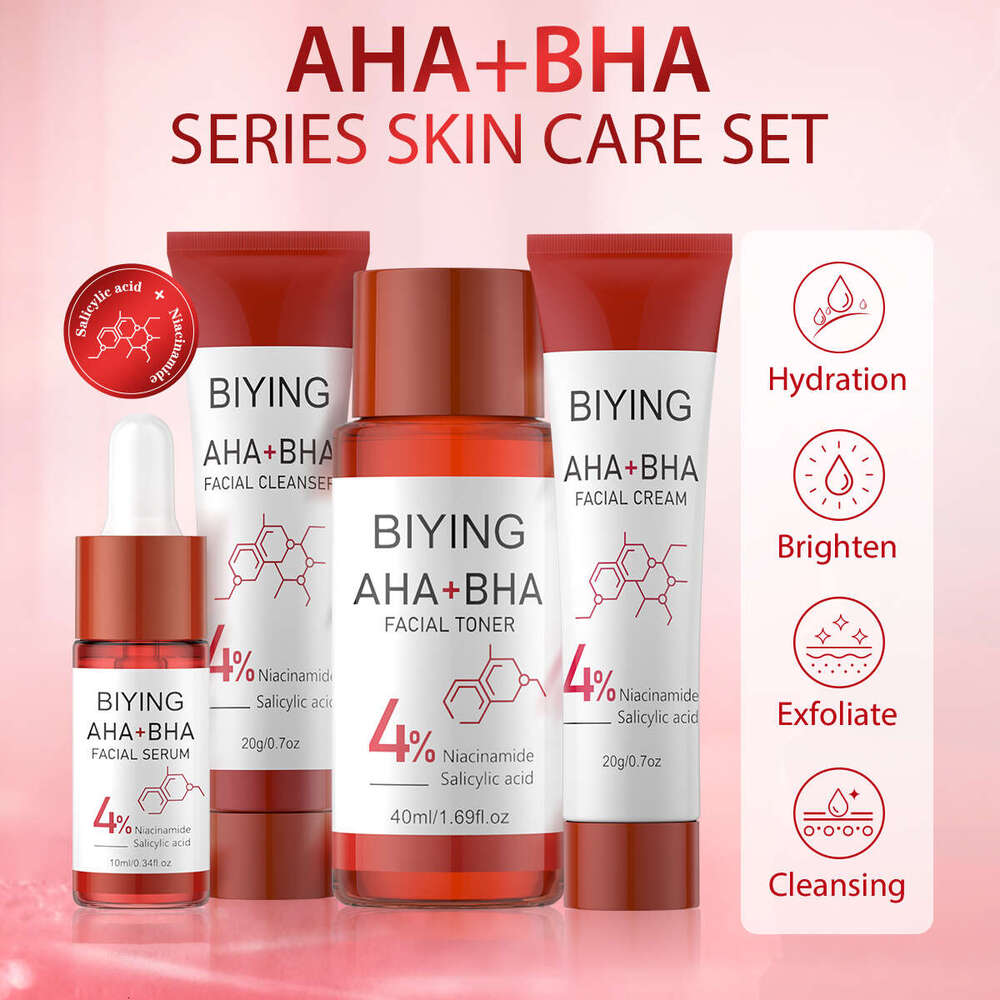 AHA+BHA Series Skin Care Set 4pcs Facial Toner Serum Cream Foam Cleanser Essentials Korean Beauty