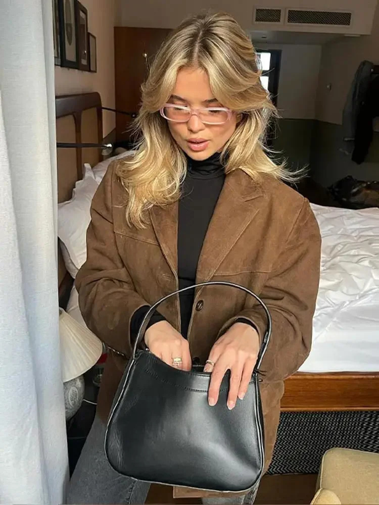 Casual Brown Lapel Pocket Suede Leather Jacket Fashion Woman Single Button Long Sleeve Crop Coat 2024 Lady Autumn Street Outwear 241029