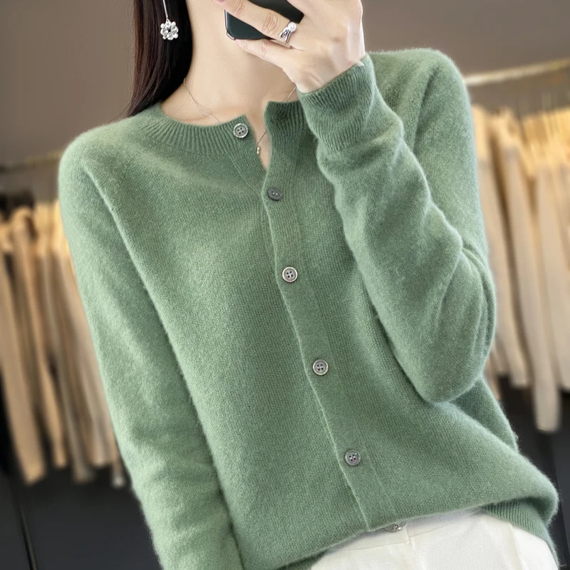 Long-sleeved womens sweater cashmere knit 100% pure merino wool cardigan O-neck cardigan sweater coat in spring and autumn. 241029