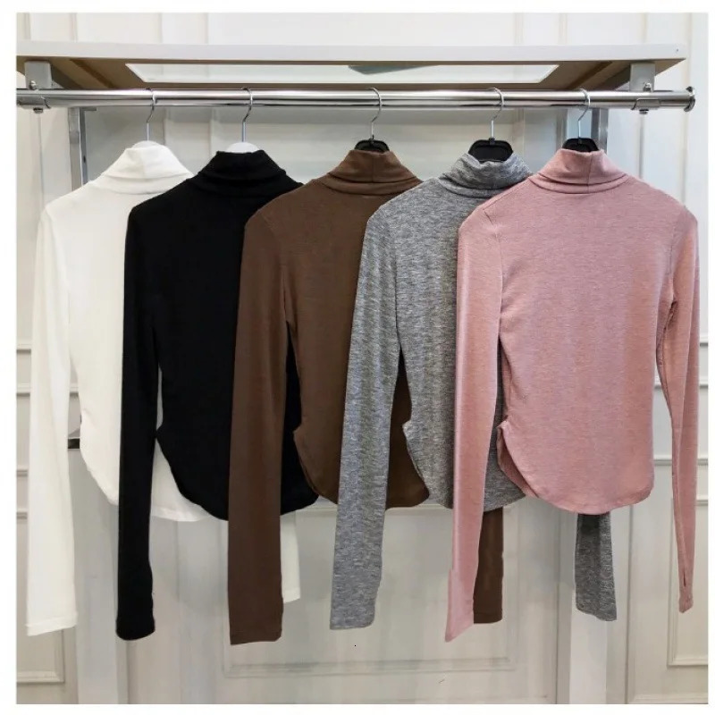 Sexy High Neck Long Sleeve Black Bodycon T-shirts Women Autumn Winter Fashion Shoulder Pads Hem Irregular Beige Pullovers 241029