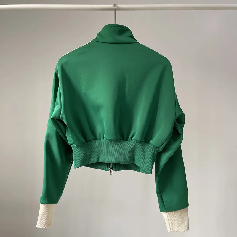 Autumn Double Zipper Baseball Crop Jacket Womens Coat Embroidered Stripe Green Black White Blue Zipper Sports Coat 241030